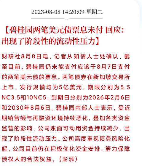 碧桂园仍未能支付应该于8月7日支付的两笔美元债的票息