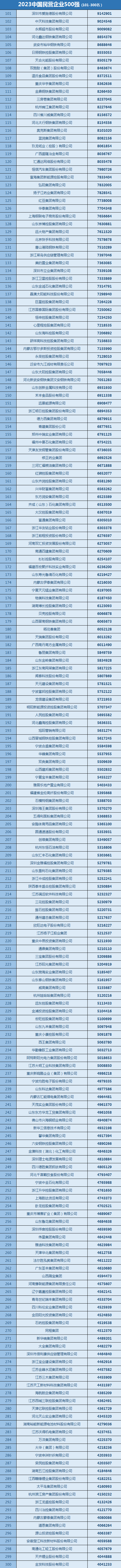 民营企业500强榜单第101名至500名