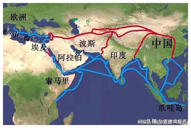 阿拉伯商人到马来半岛（蓝色），促成马来人皈依伊斯兰