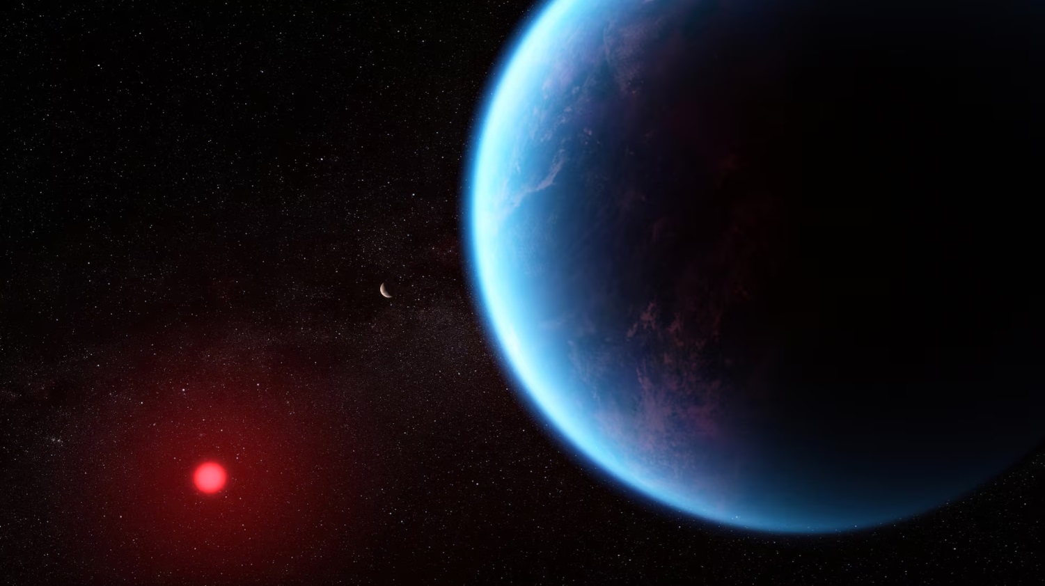 一颗海星（hycean）系外行星——一颗在富氢大气层下拥有液态水海洋的系外行星——围绕着一颗红矮星运行 ...
