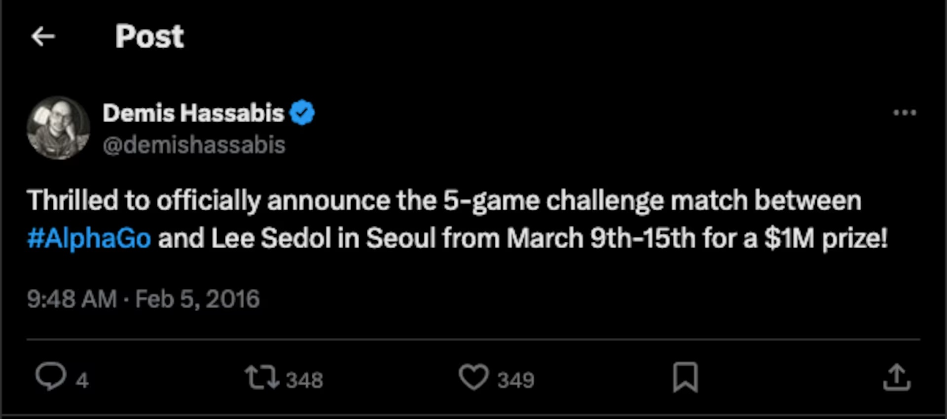 哈萨比斯承诺向获胜者提供100万美元的奖金