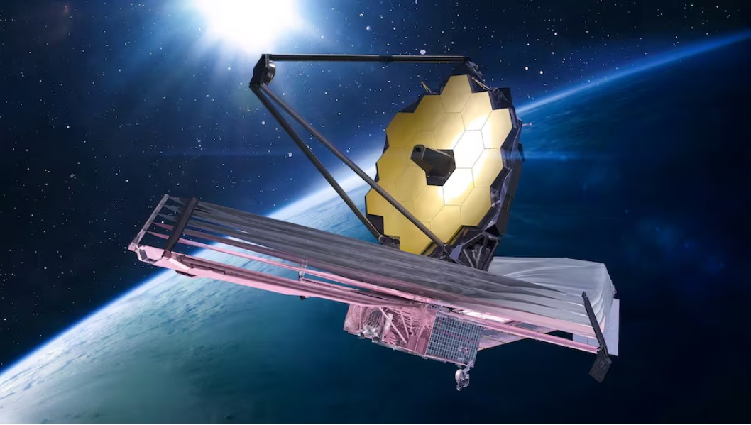 艺术家绘制的詹姆斯·韦伯太空望远镜在地球附近太空中的渲染图